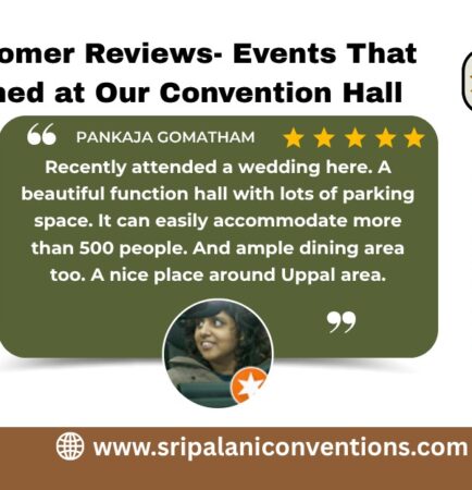 Wedding guests celebrating in a beautifully decorated convention hall with floral stage and ambient lighting in Uppal, Hyderabad