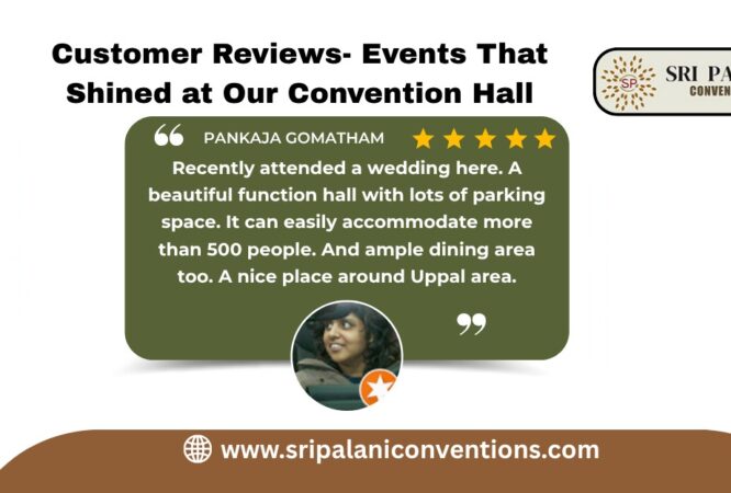 Wedding guests celebrating in a beautifully decorated convention hall with floral stage and ambient lighting in Uppal, Hyderabad