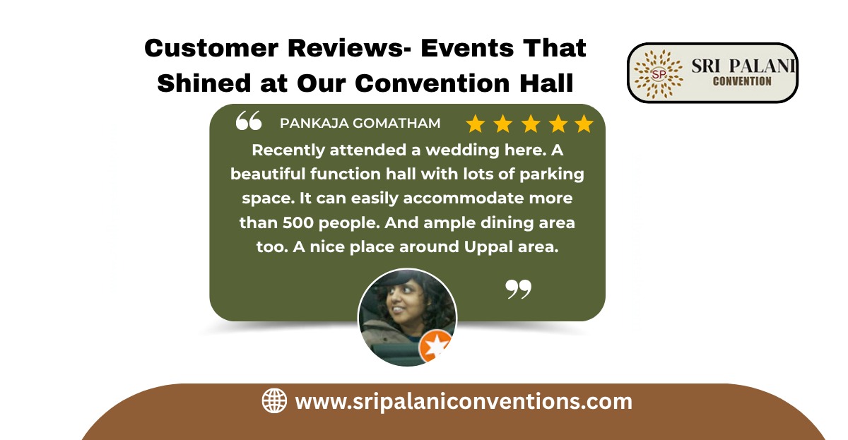 Wedding guests celebrating in a beautifully decorated convention hall with floral stage and ambient lighting in Uppal, Hyderabad