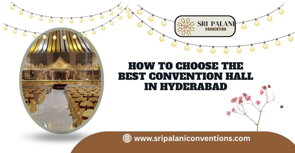 Interior view of a decorated convention hall in Hyderabad with stage setup and seating for guests