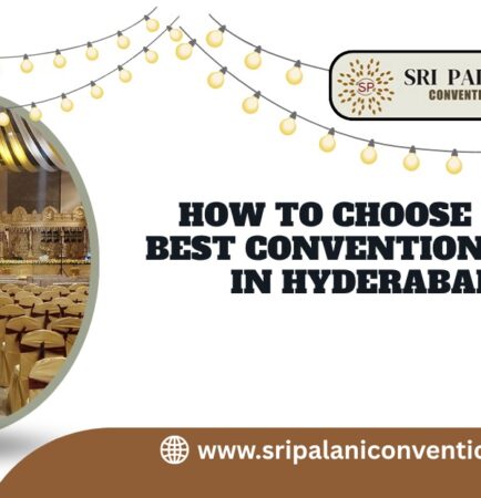 Interior view of a decorated convention hall in Hyderabad with stage setup and seating for guests