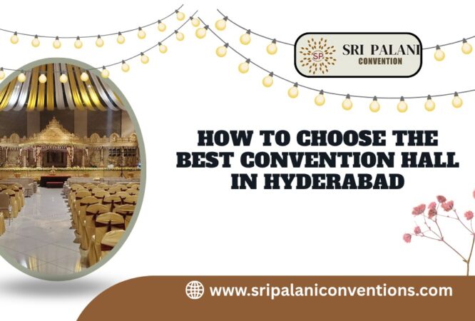 Interior view of a decorated convention hall in Hyderabad with stage setup and seating for guests