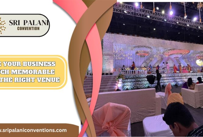 Guests attending a business launch at a modern convention hall in Uppal, Hyderabad with branding and stage decor