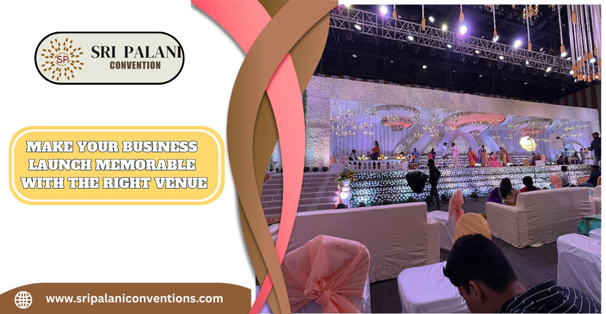 Guests attending a business launch at a modern convention hall in Uppal, Hyderabad with branding and stage decor