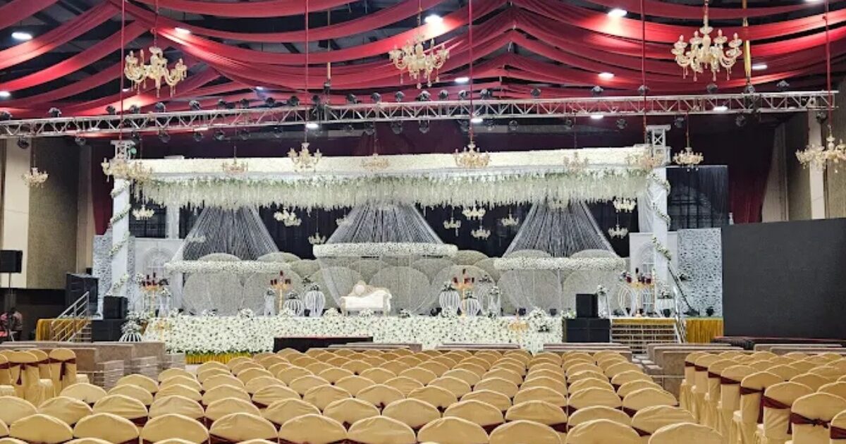 Elegant convention hall setup in Hyderabad decorated for a grand wedding and corporate event.