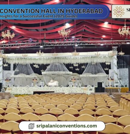 Elegant convention hall setup in Hyderabad decorated for a grand wedding and corporate event.