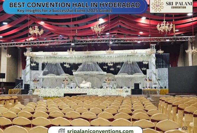 Elegant convention hall setup in Hyderabad decorated for a grand wedding and corporate event.
