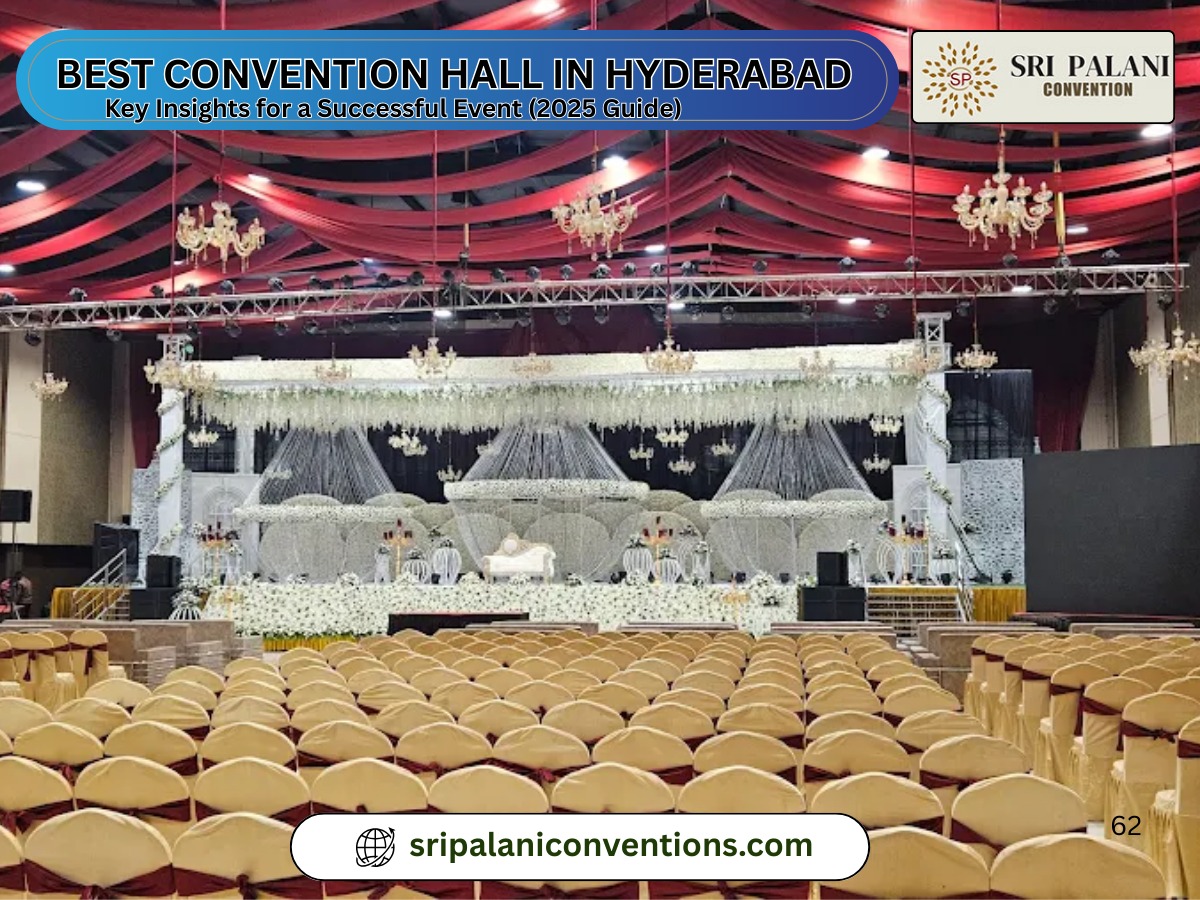 Elegant convention hall setup in Hyderabad decorated for a grand wedding and corporate event.