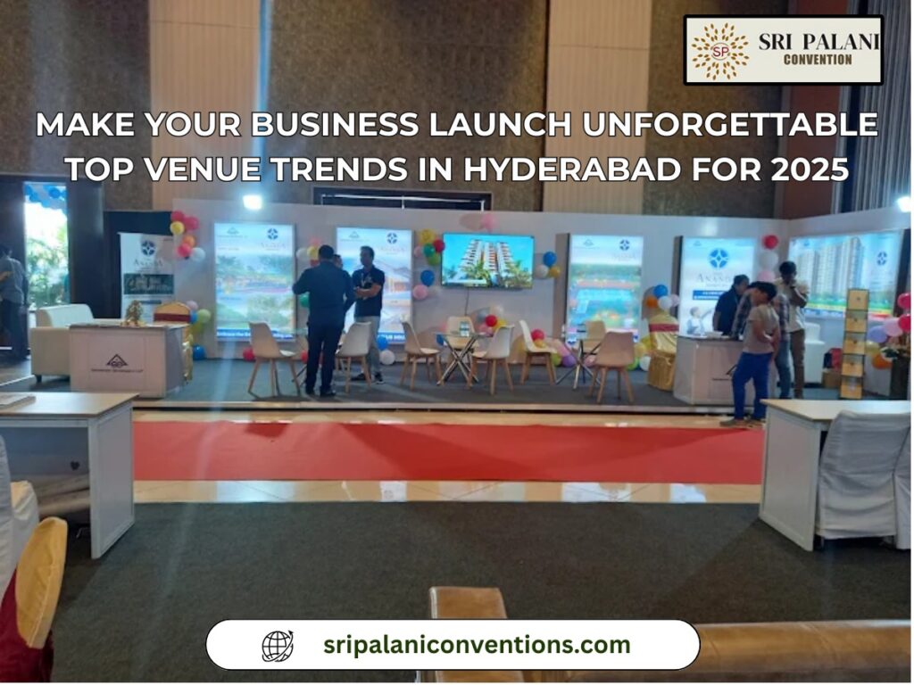 Modern business launch event in Hyderabad at a luxury venue with 2025 décor trends.