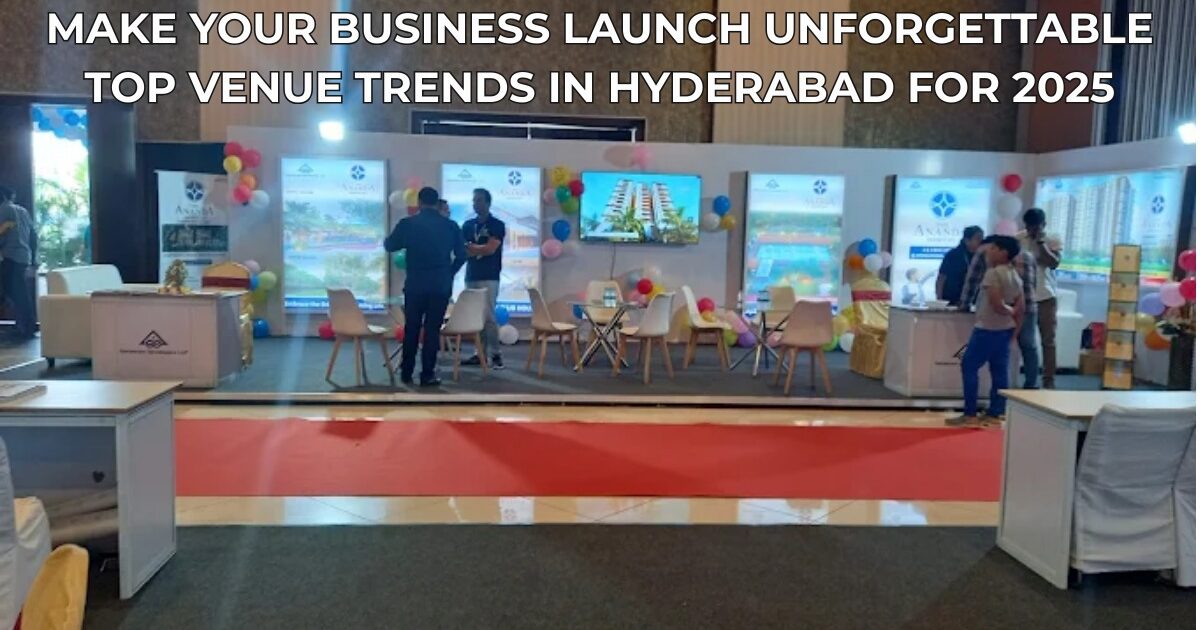 Modern business launch event in Hyderabad at a luxury venue with 2025 décor trends.