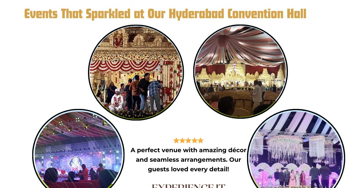 Beautifully decorated Hyderabad convention hall hosting a grand wedding event with guests and stage décor.