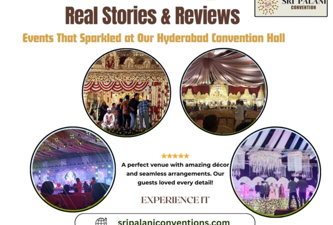 Beautifully decorated Hyderabad convention hall hosting a grand wedding event with guests and stage décor.