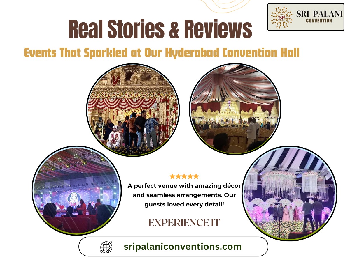 Beautifully decorated Hyderabad convention hall hosting a grand wedding event with guests and stage décor.