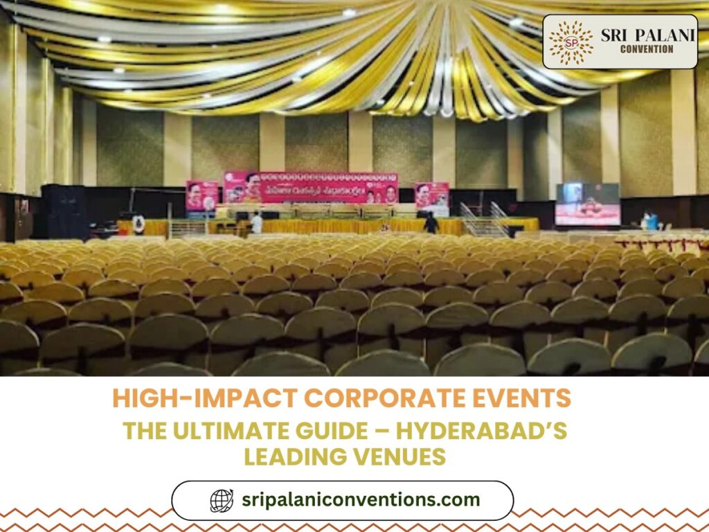 : Modern corporate event setup in a Hyderabad convention hall with stage, lighting, and seating arrangement