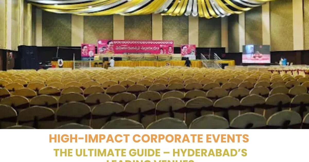 : Modern corporate event setup in a Hyderabad convention hall with stage, lighting, and seating arrangement