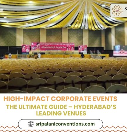 : Modern corporate event setup in a Hyderabad convention hall with stage, lighting, and seating arrangement