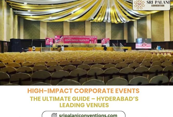 : Modern corporate event setup in a Hyderabad convention hall with stage, lighting, and seating arrangement